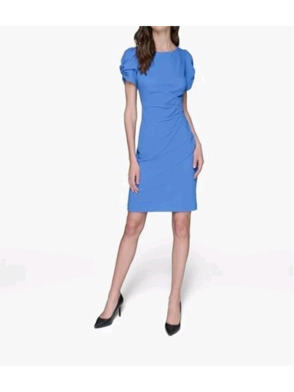 Karl Lagerfeld Womens Short Ruched Sleeve Jewel Blue Neck Sheath Dress Size 12 - Picture 2 of 12